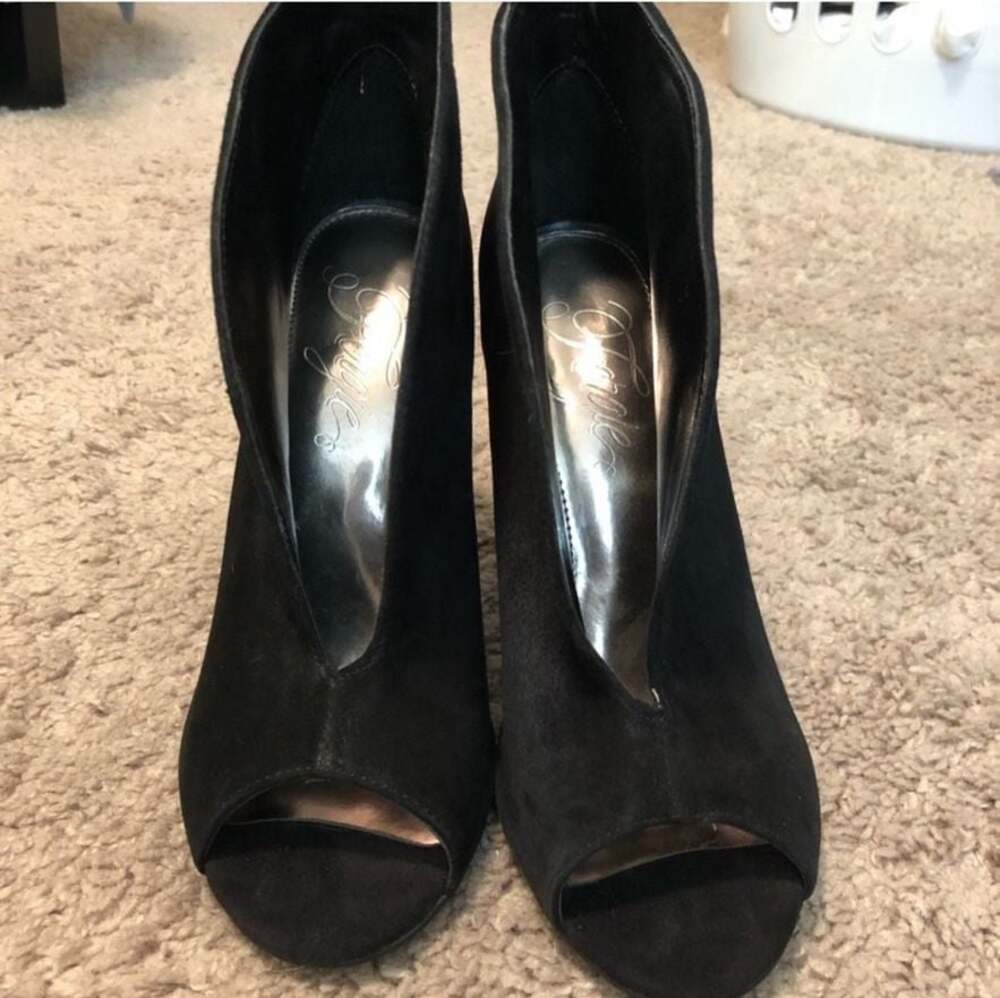 Energie Black Suede Peep-Toe Stiletto Ankle Booties
